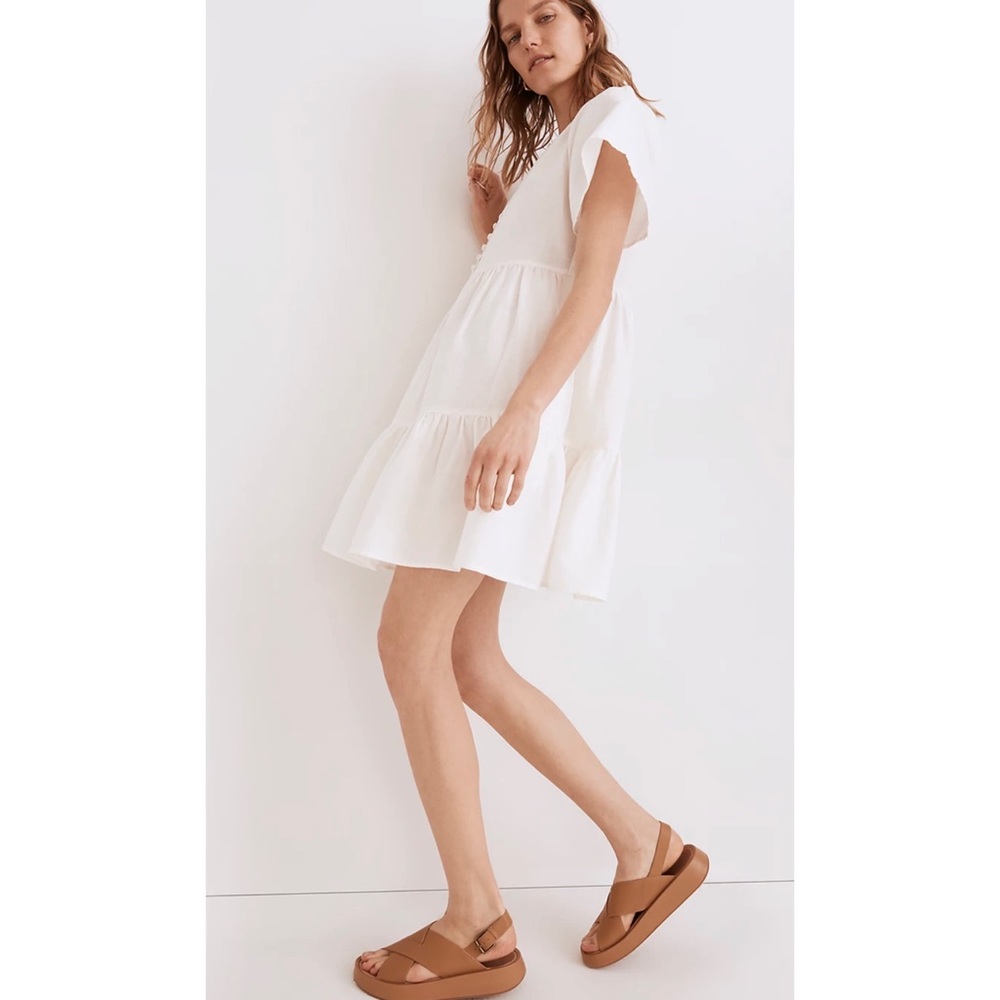 Madewell Linen-Blend Flutter-Sleeve Tiered White Mini Dress